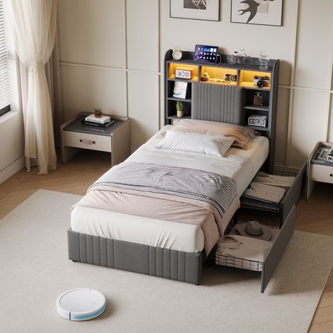 lit 90x200cm avec tiroirs, Lit simple, Lit 1 place, Sommier à Lattes, LED réglable, Chargement USB, avec tete de lit, Gris, lin