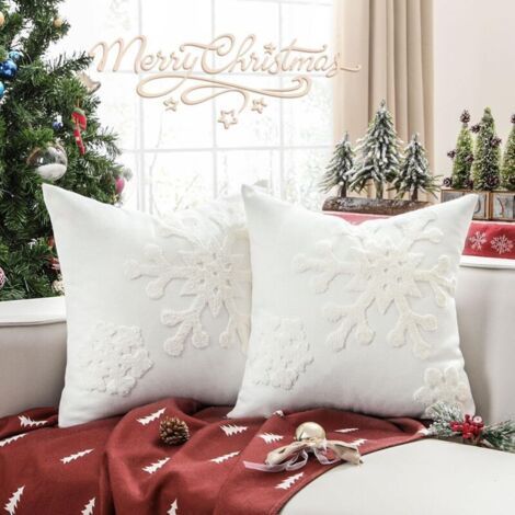 45x45cm - White Christmas Pillow Cover, Set of 2 Decorative Snowflake Embroidered Pillowcases, Linen Sofa Cushion Cover for Party, Thanksgiving, Christmas Decor (1/5)