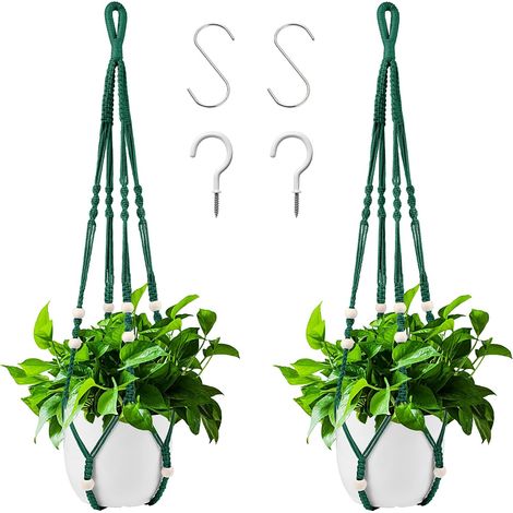 Portavasi in macramè, verde scuro, da appendere per interni ed esterni, decorazione per la casa, portavasi sospeso senza nappe, set da 2 con 4 ganci (1/5)