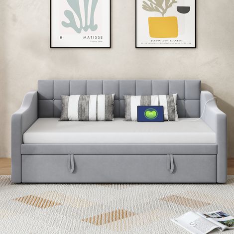 Lit canapé convertible 2 en 1, matelas 90x180x190 cm, gris clair, tissu velours, sommier rembourré avec prises USB et poche de rangement, multifonctionnel pour petit espace (1/5)
