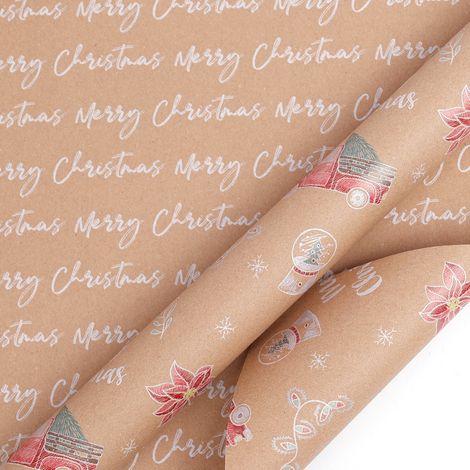 (0,43 x 3 mètres) Grand rouleau de papier cadeau de Noël, papier kraft vintage, impression recto verso.
