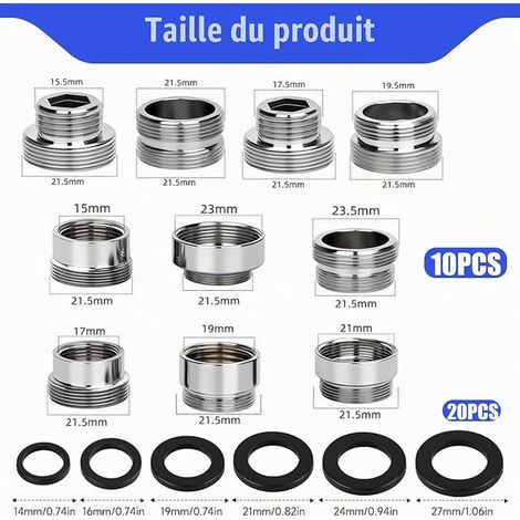 Adaptateur Robinet Mitigeur, Adaptateur de Robinet en Métal Kit avec Joint en Caoutchouc, pour Pulvérisateurs D'évier Tuyau D'arrosage Filtre à Eau, Connecter Les Aérateurs au Robinet (1/4)