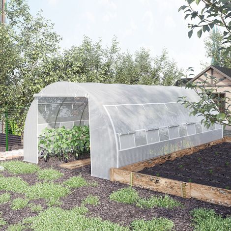 Serra da giardino Outsunny da 18 m², dimensioni 6 m x 3 m x 2 m, con porta e pannelli laterali avvolgibili con cerniera, 12 finestre, acciaio, PE ad alta densità 140 g/m², resistente ai raggi UV, bian