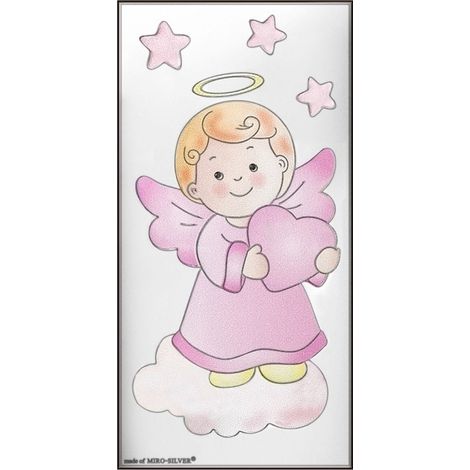 Cuadro plateado de un ángel rosa sosteniendo un corazón, recuerdo de un Bautismo o cumpleaños 3858 5 x 10 cm (1/5)