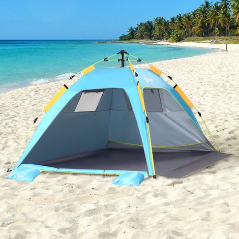 Tenda da Spiaggia Pop Up con Porta a Cerniera, in Poliestere e Fibra di Vetro, 220x173x120 cm, Blu Chiaro e Giallo