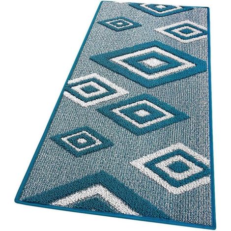 Tapis de Cuisine Losanges 3D Doux Bordé Moderne Coureur Antidérapant Blue - 50x90 Cm (1/4)