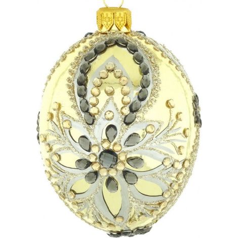 Pallina per albero di Natale in vetro con forma ovoidale dorata con decorazioni floreali da 10 cm (1/4)