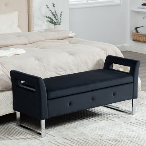 Repose-pieds de rangement avec accoudoirs, en velours confortable, convenant au salon, à l'entrée et à la chambre, noir (1/5)