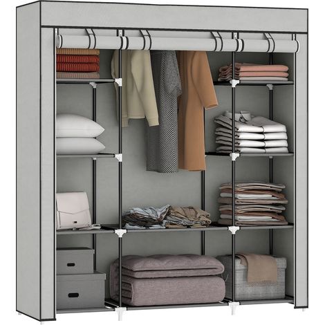 Organisateur de rangement pour vêtements avec tringle et étagères – Penderie portable et pliable en tissu – Gris clair (1/5)