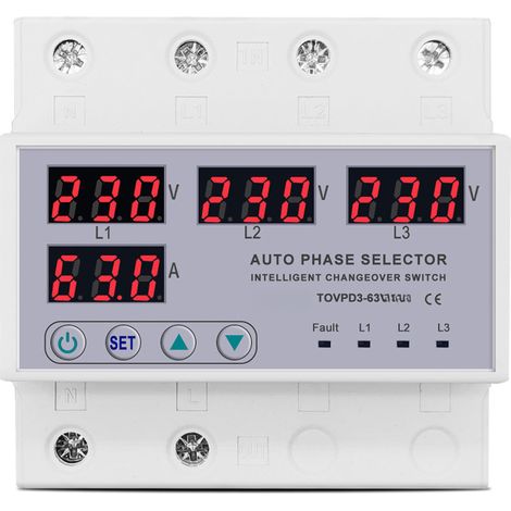 63 A Dreiphasen-Phasenwählerrelais für DIN-Schienenmontage, Über- und Unterspannungsschutz (3P+N), einstellbar, 50/60 Hz, 140–300 V AC