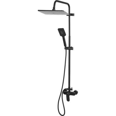 Système de douche en acier inoxydable - Douche à effet pluie - Sans robinetterie - Grande douche à effet pluie (30 x 20 cm) - 3 types de jet - Barre de douche avec douchette - Tuyau et support (1/5)
