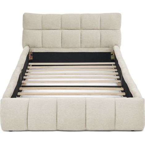 Cama individual 90 x 200 cm de chenilla beige, estructura de eucalipto y hierro, sin colchón (1/5)