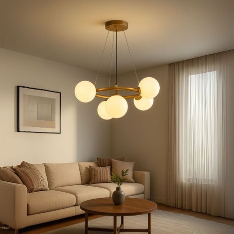 Lustre 5XG9 Blanc Dore Metal Hauteur Reglable Moderne (1/5)
