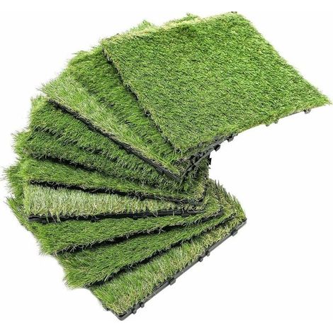 11 dalles de gazon artificiel, 30x30x2 cm, revêtement sol extérieur et intérieur pour balcon, terrasse, jardin, piscine (1/5)