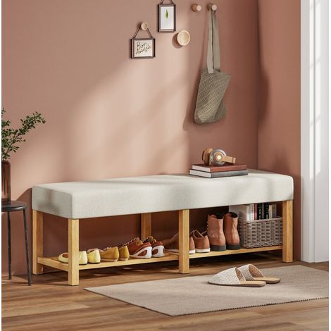 Panca portascarpe 140 cm in legno di gomma, seduta imbottita 2 posti, bianco crema (1/5)