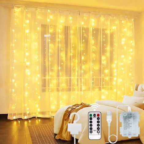 Rideau lumineux 300 LED - Guirlande lumineuse d'intérieur décorative alimentée par USB et à piles de 3 m x 3 m avec télécommande à 8 modes (1/4)