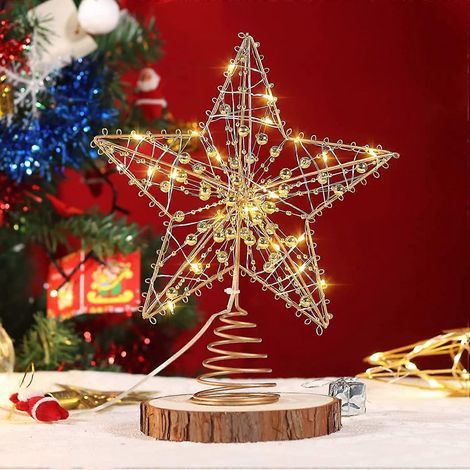 Décoration de sapin de Noël. Étoile dorée avec lumières LED. Étoile dorée pailletée de 25 cm. Pour Noël. Maison et Fêtes (1/5)