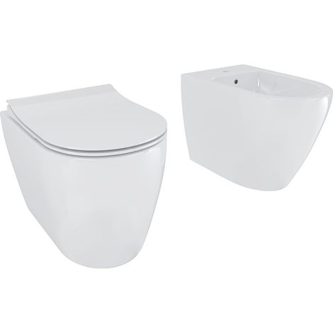 Coppia Sanitari Filomuro In Ceramica Vaso WC E Bidet Con Copriwater Soft Close Chiusura Rallentata Design Moderno Installazione Filo Parete Per Bagno Moderno Colore Bianco Lucido (1/5)