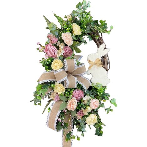 Guirlande De Pâques - Lapin En Plastique - Fleur Artificielle Feuillage Rotin - Ruban En Toile De Jute Et Dentelle - 50 X 30 X 8 Cm - 1 Pièce (1/5)