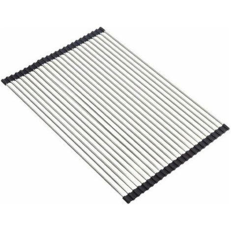 Pair Aufrollbares Abtropfgestell, 100 % BPA-frei, faltbares Abtropfgestell für die Spüle, ideal für Obst, Gemüse, Teller, silikonbeschichteter Edelstahl, 47 x 38 cm, Schwarz