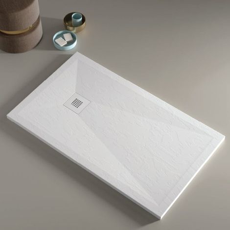 Receveur de douche 70x100 cm extra plat ONDA en résine surface ardoisée blanc Grille blanche (1/5)