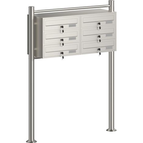 Wiltec 6er Briefkastenanlage Edelstahl 945 x 270 x 1200 mm, Standbriefkasten mit 2x3 Fächern, Schlüssel und Namensschild, Briefkasten Postkasten mit Ständer
