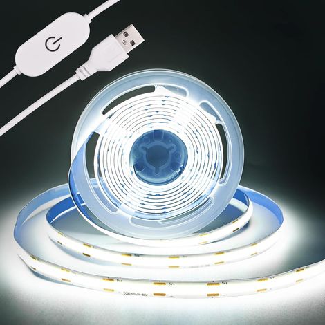 Bande lumineuse LED COB 5 V - Bande USB - 320 LED/m - Intensité variable - Rétroéclairage TV USB - Ruban flexible sous meuble - Pour chambre à coucher (blanc froid 6500 K, 3 m) [Classe énergétique G] (1/5)