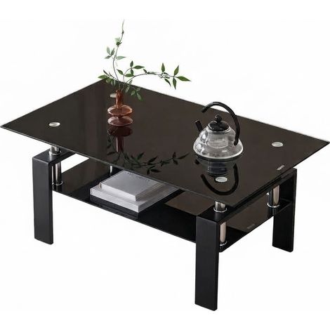 ELVMI Mesa de Centro de Dos Niveles en Vidrio Templado con Estructura Metálica, para Salón y Apartamento, Negra (1/5)