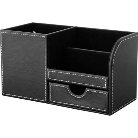caja de almacenamiento, de piel sintética y MDF, 3 compartimentos, incluye cajón, para oficina y hogar. (1/5)