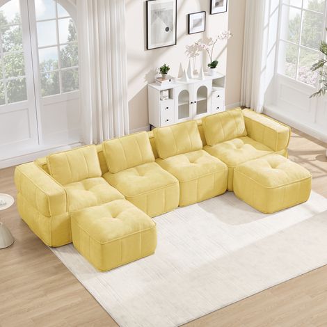 Divano modulare a U 4 posti 344x162x67 cm, con 2 pouf, senza struttura, base antiscivolo, poliestere giallo (1/5)