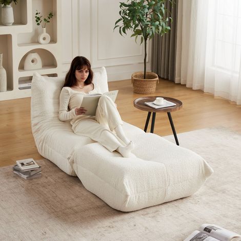 Canapé Chenille avec Repose-pieds 185x94x71 cm - Chaise Longue Au Sol Style Togo sans Accoudoirs, Mémoire de Forme - Salon ,Beige (1/5)