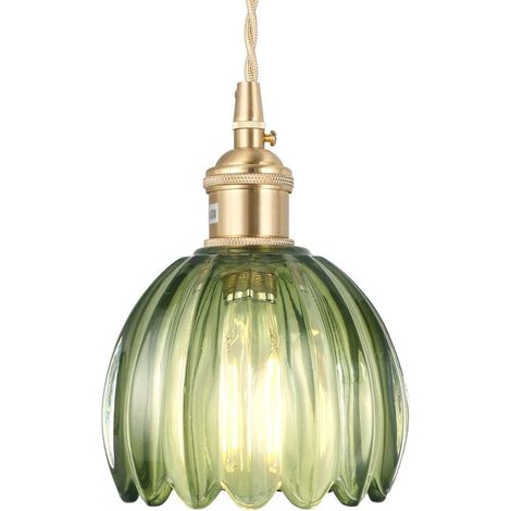 Mini suspension vintage, abat-jour en verre vert en forme de tulipe, aspect laiton, réglable pour îlot de cuisine, salle à manger et couloir (1/5)