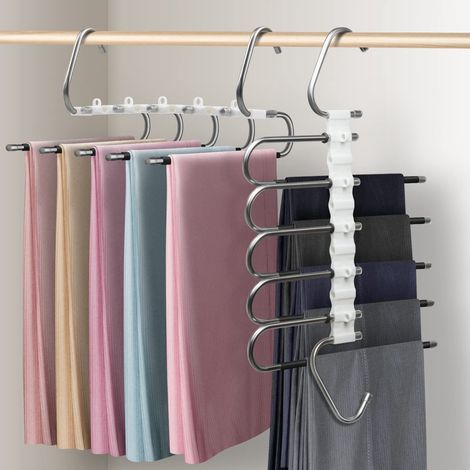 Cintre magique pour pantalons 2 en 1 – Organisateur de vêtements 5 en 1 gain de place – Horizontal et vertical – Cintre antidérapant pour pantalons et accessoires (1/5)