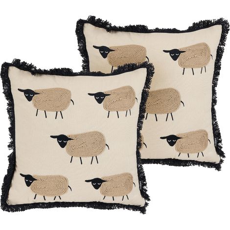 Conjunto de 2 cojines almohada beige minimalista motivo oveja flecos borlas 45 x 45 cm Bannu