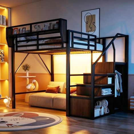 Lit mezzanine métallique noir 140×200 cm pour adulte et enfant, bande lumineuse LED, échelle sécurité, espace de rangement modulable (sans Matelas) (1/5)