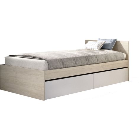 DEKIT TOP - CAMA DE 90X190 CON 2 CAJONES - BLANCO / NATURAL - 67 x 95,8 x 194,8 (1/4)