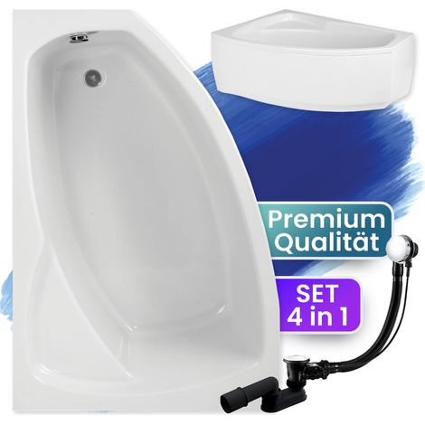 Badewanne Eckbadewanne 140x80 Links mit AcrylSchürze, Ablaufgarnitur & Füßen GRATIS - Komplettset 4in1 Original Acryl Wanne Siphon - BADLAND FRIDA (1/5)