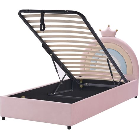 Cama con almacenaje de terciopelo tamaño individual habitación infantil moderno cabecero rosa 90 x 200 cm Grisetot