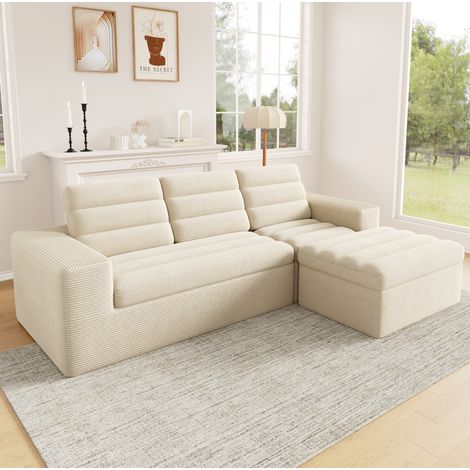 Canapé d'angle modulable 253x161x89 cm beige avec ottoman, tissu côtelé, sans montage MEUBLIV (1/5)