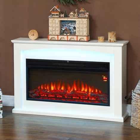 Chimenea eléctrica de 1000W/2000W, chimenea decorativa de imitación de chimenea, efecto llama con 5 niveles de brillo ajustables, 121x25x77cm, blanca (1/5)
