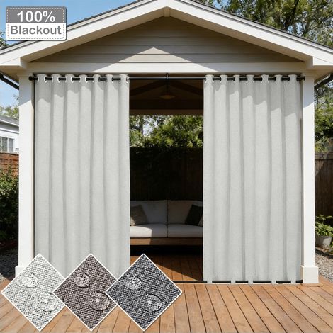HEMVOR Rideau extérieur occultant 100 % imperméable 254 x 214 cm anti-vent effet lin Blanc grisé, 1 panneau (1/5)