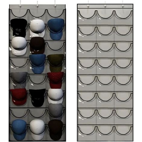 Panneau Rangement Mural 24 poches pour Casquettes de baseball chapeau Gris Organisateur Suspendus 70x164cm (1/4)