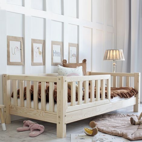 Cama 90x190 con barandilla y somier patas de 10 cm Agnès Madera