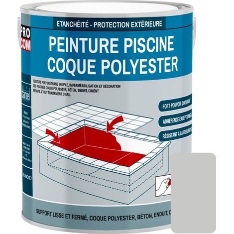 Procom – Peinture piscine polyuréthane étanche et souple – Pour coque polyester et béton – Résistance à l'abrasion – Application directe sans primaire - C8C8C7 (1/3)