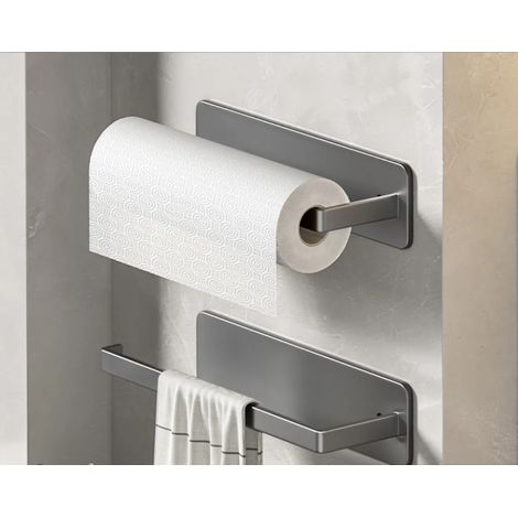 Lot de 2 porte-rouleaux de cuisine gris, fixation sans perçage, support adhésif pour essuie-tout, pratique sous meuble, rangement mural et organisation de cuisine (1/4)