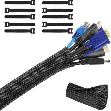 3m Cache Cable Réglable, Gaine Cable Tressée Diamètre 13 mm, Manchon Cable avec 10 Serre-cables, Protection Cable Electrique pour Cables TV/PC/USB/Audio, Noir (1/4)