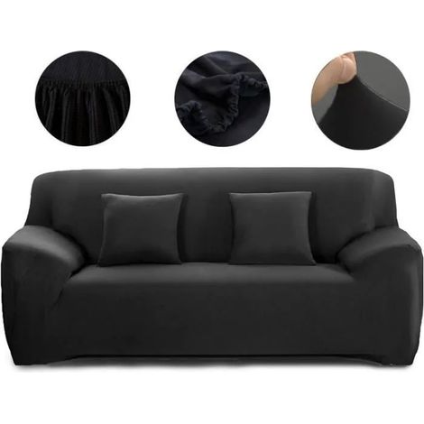 Housse de canap 3 places,Housse de canap 195-230cm Extensible Dcoration du Maison Accoudoirs lastique Canape Noir HOUSSE DE CANAPE (1/4)