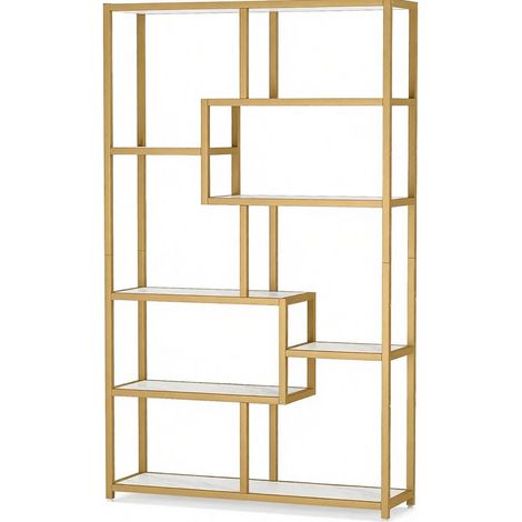 Étagère ouverte avec 8 niveaux en métal doré et plateaux effet marbre blanc 180x100x20 cm (1/5)