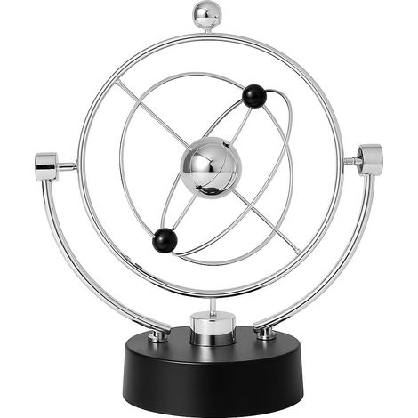 Sculpture d'équilibre orbital planétaire chromée de 25 cm, jouet de bureau en métal rotatif. Socle noir, idéal pour la décoration de votre bureau à domicile et comme objet anti-stress. (1/5)