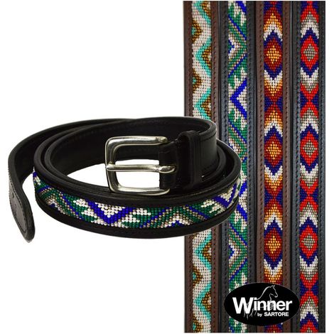 95 cm, MARRONE / ORO, BORDEAUX, BLU, BIANCO: Cintura per equitazione in cuoio con perline e fibbiera in ottone modello Perla